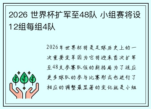 2026 世界杯扩军至48队 小组赛将设12组每组4队 2026 世界杯扩军至48队 小组赛将设12组每组4队